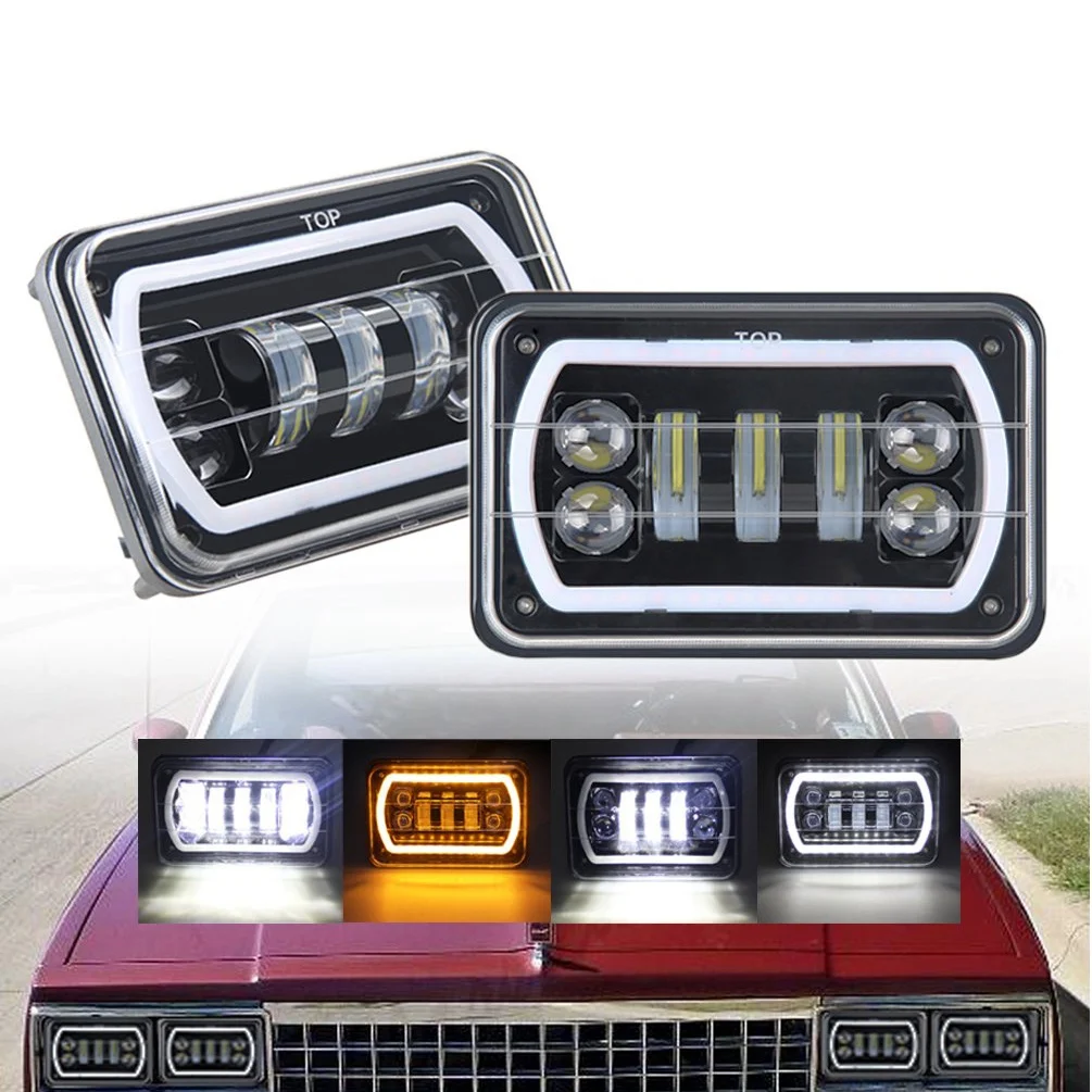 

4X6 Led Headlights With White/Amber Halo Sealed Beam For Trucks Chevrolet Ford Freightliner Peterbil Kenworth Toyota Pick-Up 4