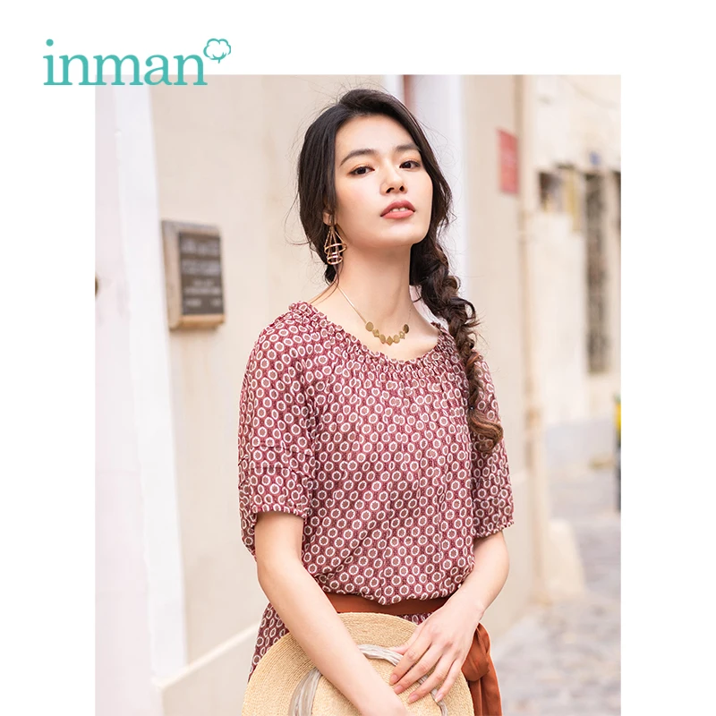

INMAN 2019 Summer New Arrival O-neck Retro Floral Holiday Style Casual All Matched Loose Slim Women Shirt