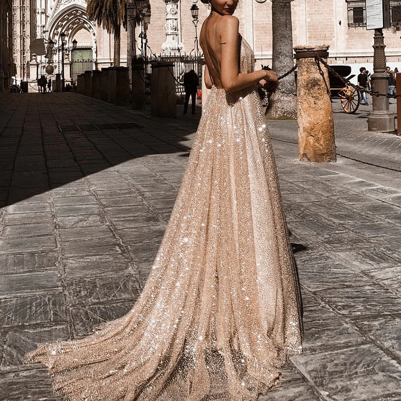 Women Sequin Lace V-neck Sling Dress Maxi High Waist Backless Apricot Dress