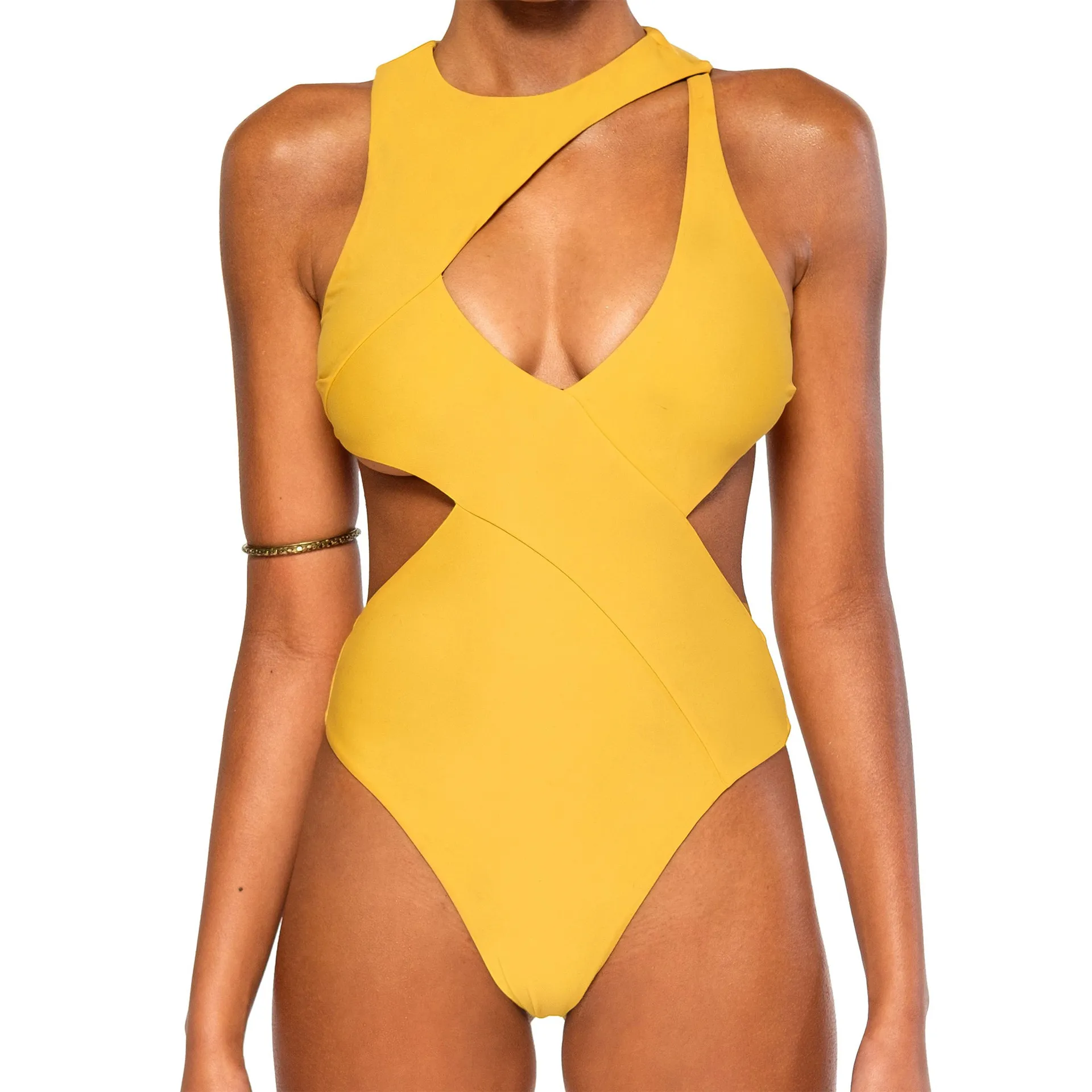 

Solid Color Sleeveless Cut Out Zipper Sexy Women Swimsuit One-Piece Suit Swimming Swimwear