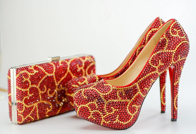 

Women Shoes Rhinestone Customize Heels For Party Wedding Shoe Red Crystal Round Toe Pumps Bag Set Bride Shoe Plus Size 15cm Heel
