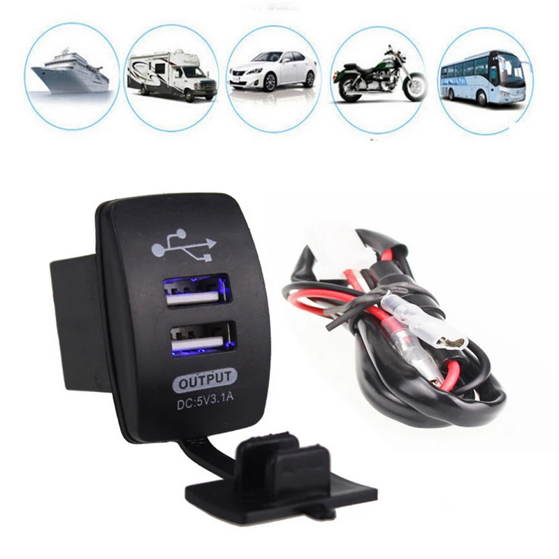 12-24V Universal 3.1A 5V Output Dual USB Charger Power Socket Blue LED Outlet Power Cigarette Light for Car Motorcycle Charging 12-24V Universal 3.1A 5V Output Dual USB Charger Power Socket Blue LED Outlet Power Cigarette Light for Car Motorcycle Charging