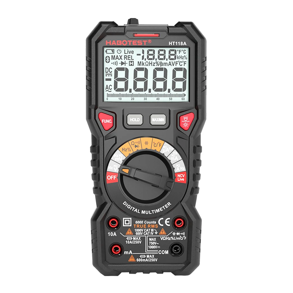 Цифровой мультиметр HABOTEST HT118A с автоматическим диапазоном, мультиметр, 6000 отсчетов, истинное среднеквадратичное значение, измерение напряжения, тока, сопротивления, емкости