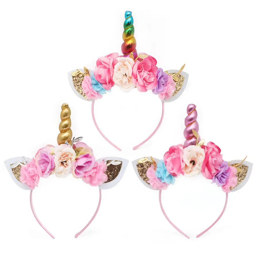 

Cute Kids Sweet Flower Unicorn Horn Hair Band Headband Birthday Party Flower Floral Headwear Crown Costume Decorative