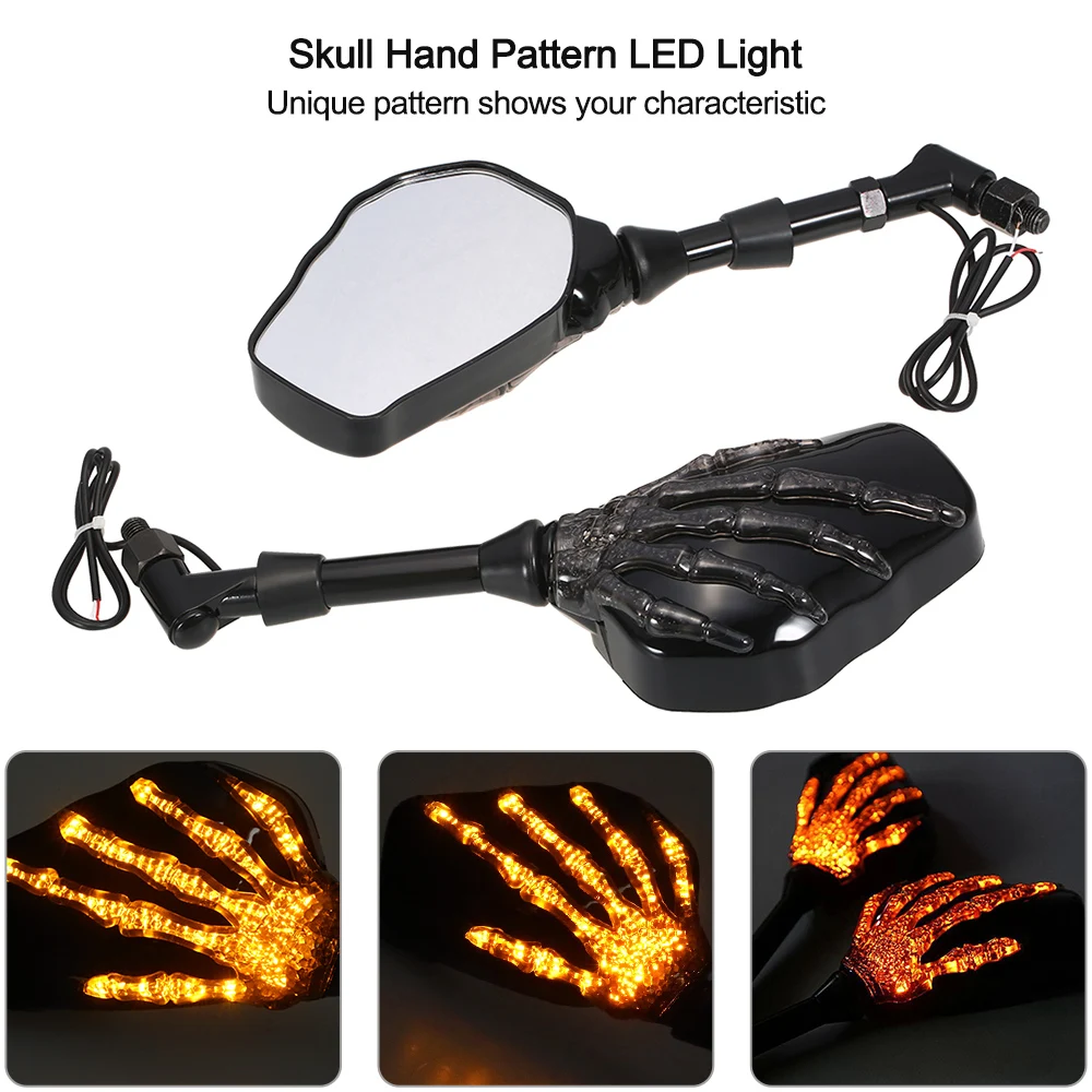 

Motorcycle Rearview Mirror Skull Hand Pattern Ghost Claw LED Light Turn Signal Mirror Fit 10mm 8mm Thread Bolts motor mirror