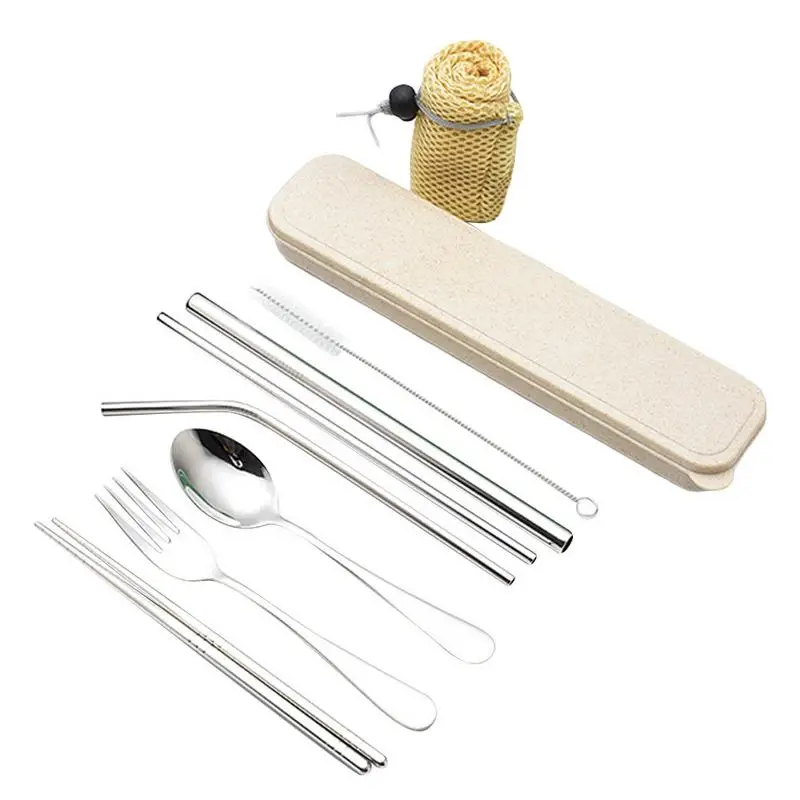 

7pcs 304 Stainless Steel Straw Cutlery Set Portable Fork Spoon Chopsticks Straw Cutlery Set Packing Box Kitchen Tool Set