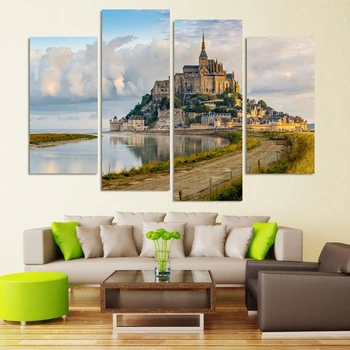 

4 Piece canvas art Seaside Castle Canvas Print Painting Decoration for home Wall Art For Living Room Modular picture