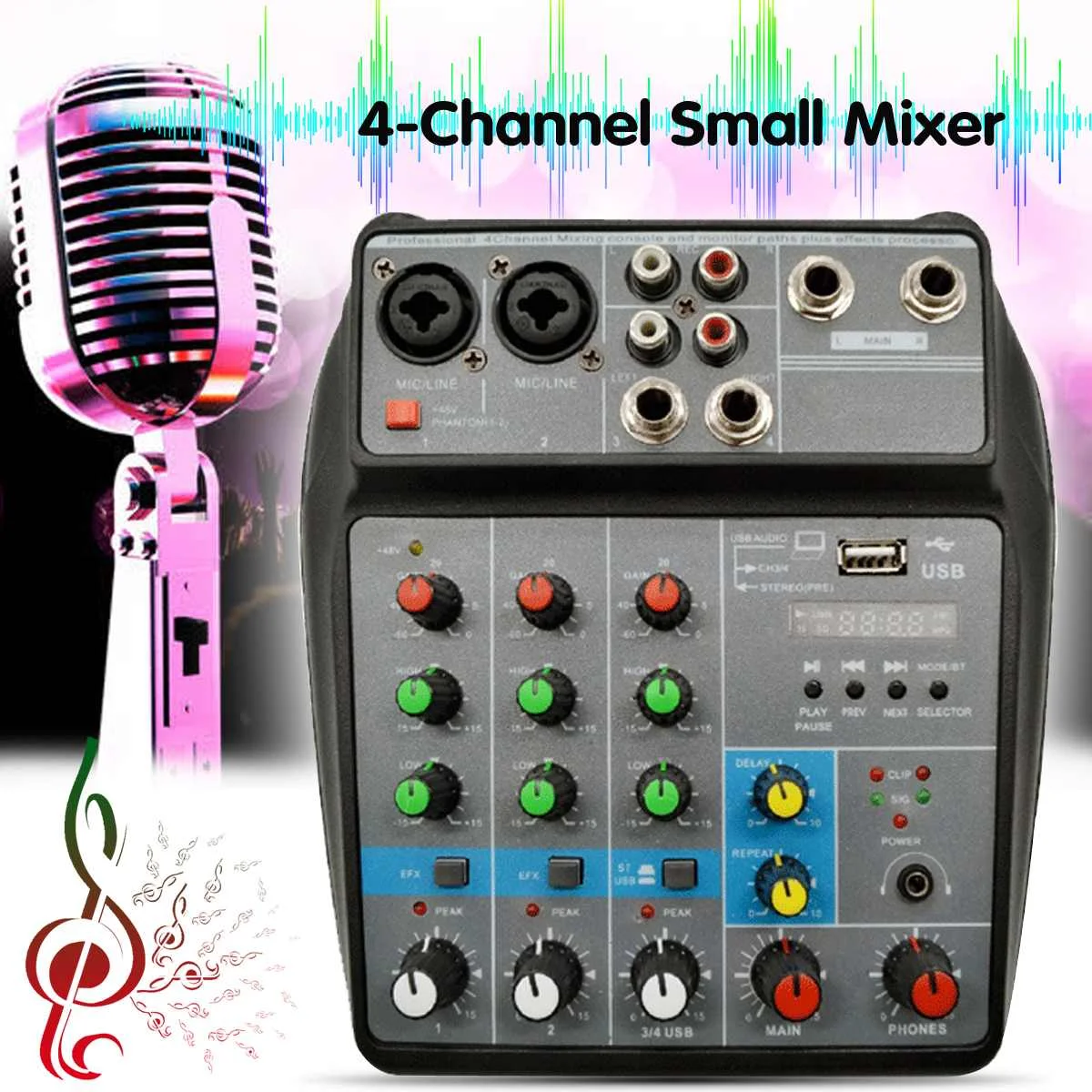 

KINCO 20Hz~20KHz Professional 4 Channel Mixing Console Aux Paths Plus Effects Processor Mini Micro Audio Mixer Bluetooth USB