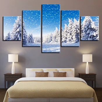 

Canvas HD Prints Pictures Wall Art Framework 5 Pieces Snow Scene Poster Christmas Pine Trees Snowing Paintings Living Room Decor