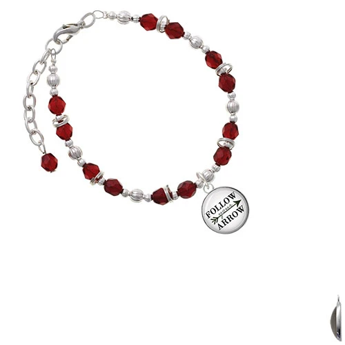 Silvertone Domed Follow Your Arrow Maroon Beaded Bracelet |