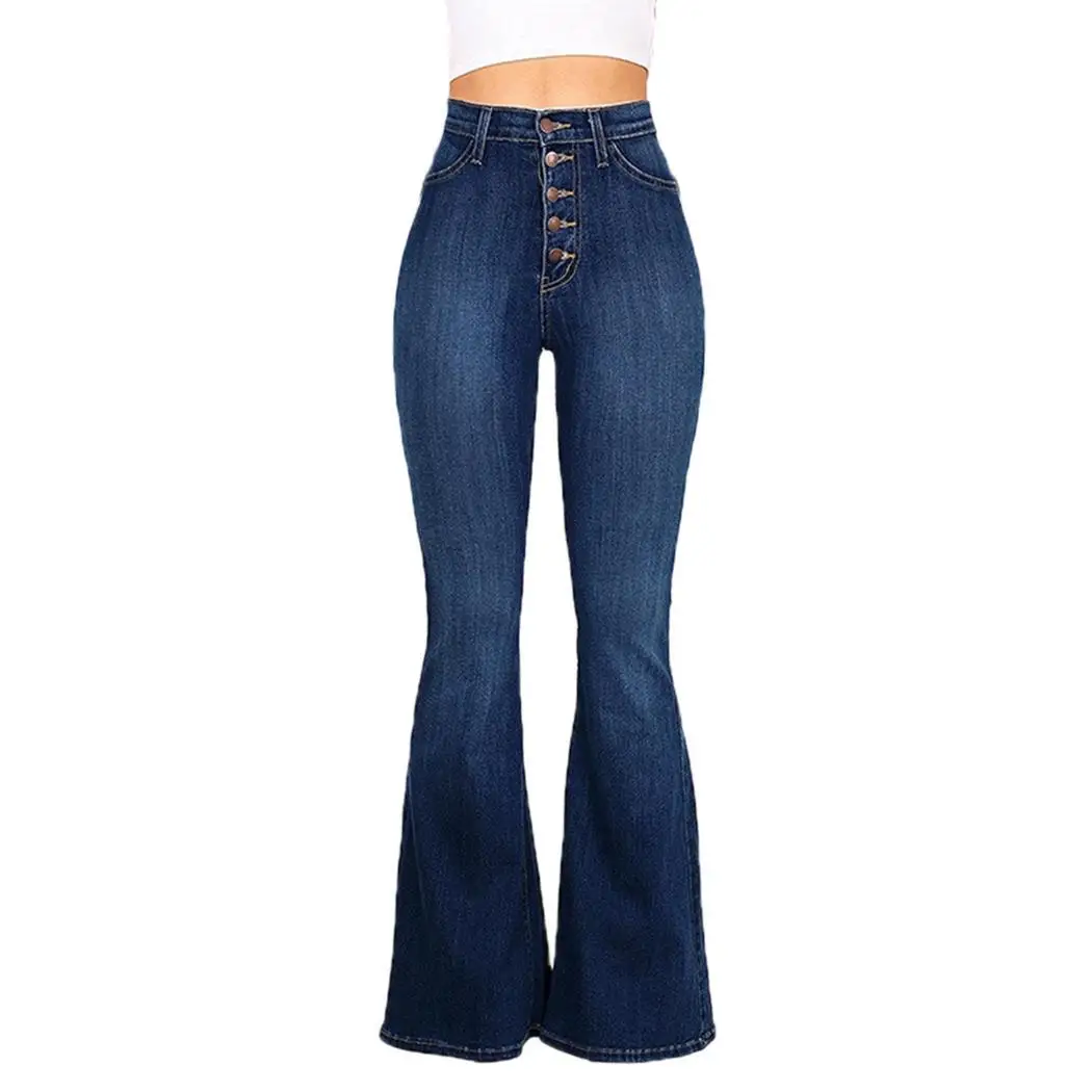 

Women Fashion High Waist Solid Button Stretchy Full Length All Seasons Flared Jeans Causal
