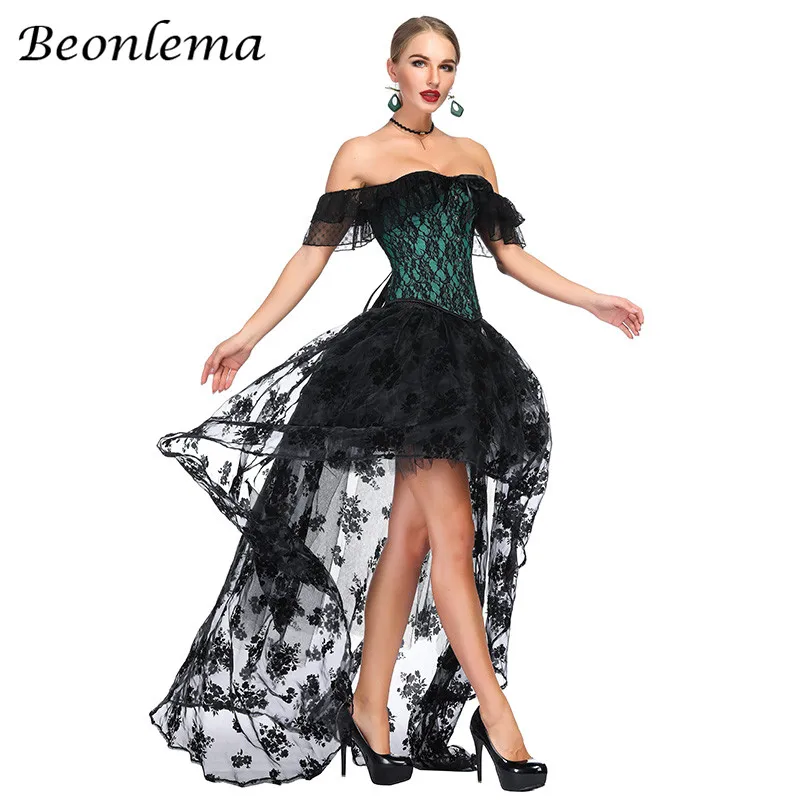 Beonlema Off плечевой корсет платье сексуальные бюстье и длинная юбка из фатина Женская стимпанк Одежда зеленое кружево Корсе S-2XL