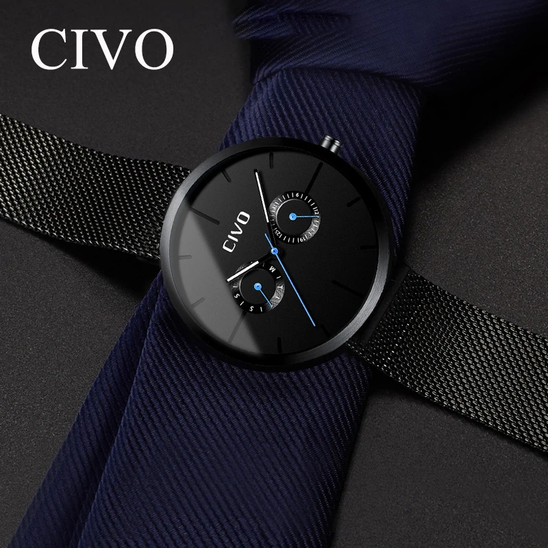 

CIVO 2019 Fashion Simple Mens Watch Waterproof Blue Point Quartz Watches Men Stainless Mesh Sports Wristwatch Relogio Masculino