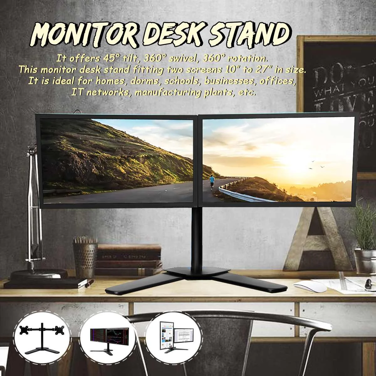 

27 Inch Adjustable Double Screen Laptop Stand Holder Stand 360Rotation Monitor Desk Stand Free Standing Dual Desk LCD TV Mount