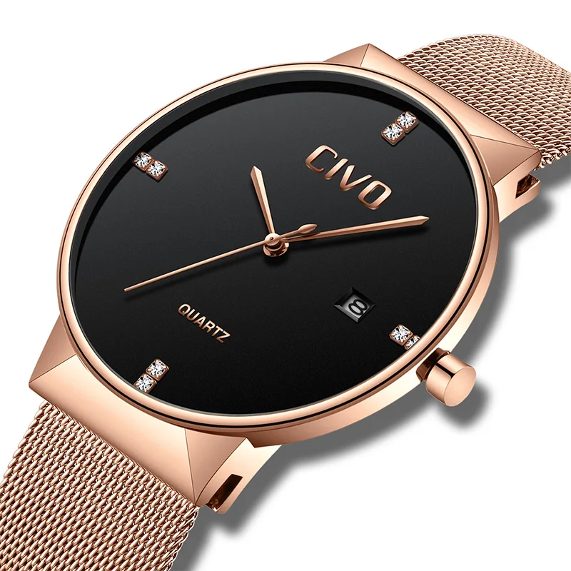 

CIVO Rose Gold Mens Watches Waterproof Analogue Quartz Wrist Watch Men Stainless Steel Mesh Strap Watches Male Horloges Mannen
