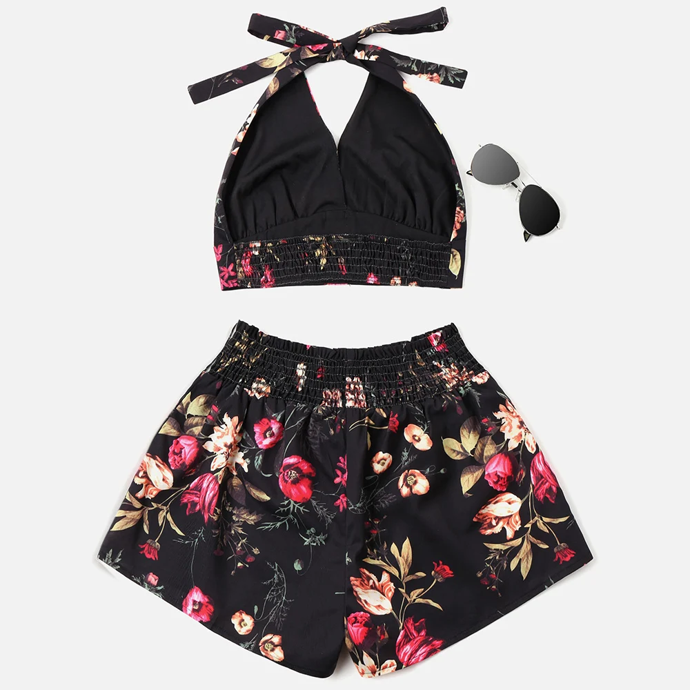 ZAFUL Холет из двух частей для женщины цветочный без рукавов топ эластичный пояс