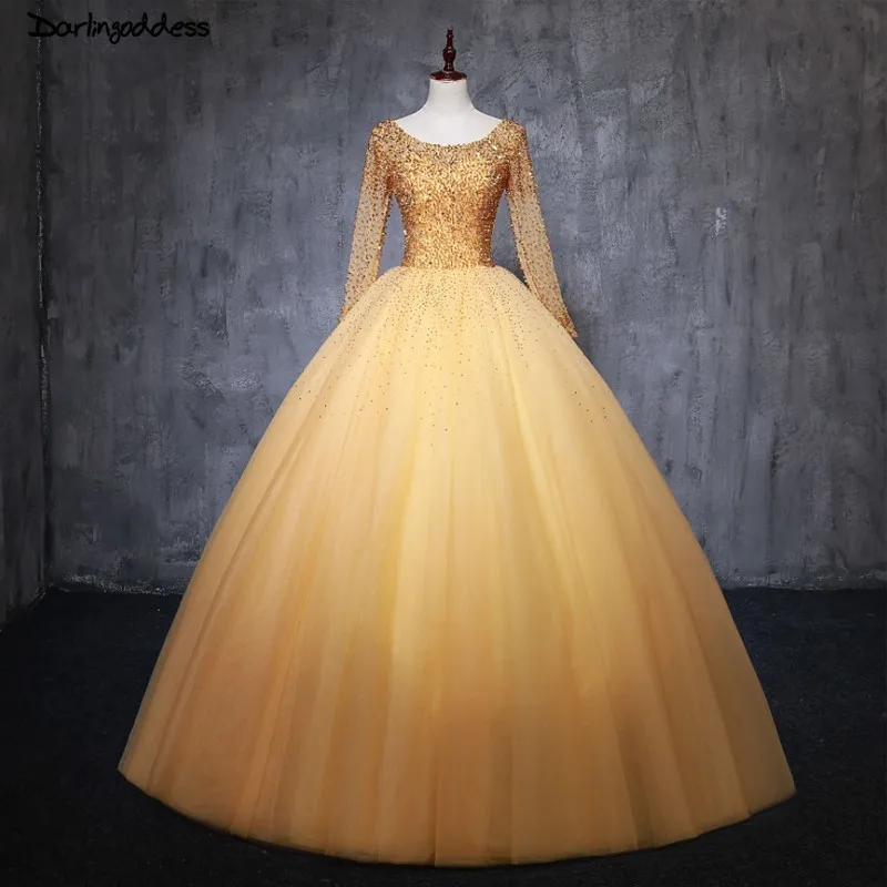 

Vestido De Noiva Luxury Gold Wedding Dress Long Sleeves 2019 Ball Gown Beaded Dubai Arabic Muslim Wedding Gowns Bridal Dresses