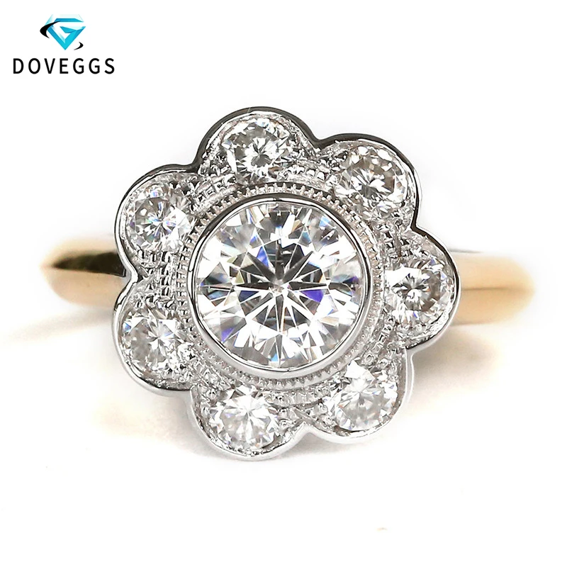 

1.7 Carat ct EF Colorless Clear Lab Grown Moissanite Flower Shaped Ring With Moissanite Accents Solid 14K 585 White/Yellow Gold