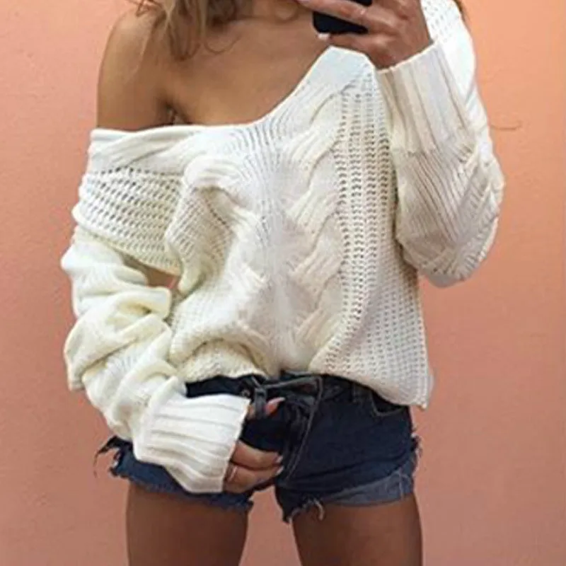 

Women Winter Solid Outfits Sweaters V Neck Knit Types Sexy Off Shoulder Pullovers Long SleevFemale Causal Clothing Oversize