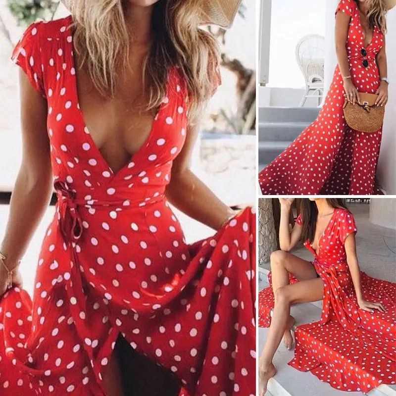 

UGUEST Women Polka Dot Dress Sexy Deep V-Neck Boho Style Maxi Dresses Casual Beach Long Sleeve Dress With Lace Up