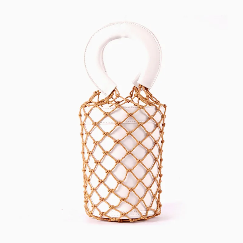 

[Super Seabob] 2019 Spring Summer Woman New White Color Double Handles Spliced Bucket Shape PU Leather Handbag All Match LM307