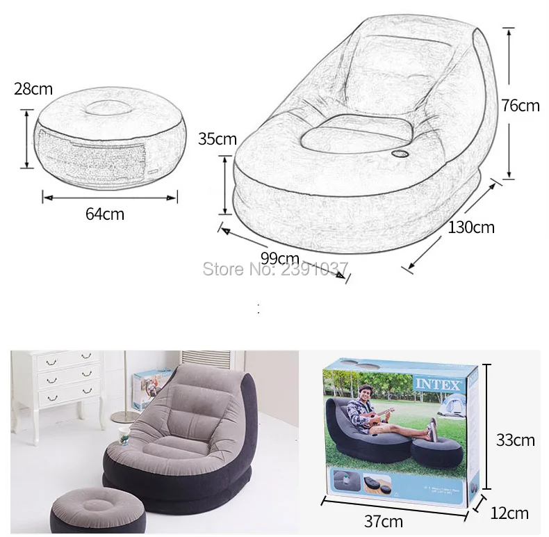 Free Shipping Intex Inflatable Flocked Single Sofa With Pedal Pump Lazy Bed Siesta Lounge Chair Footstool
