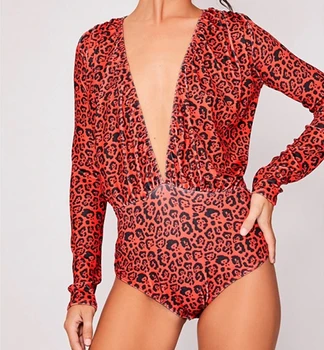 

Women V Neck Long Sleeve Leopard Bodysuit for Women Sexy Bodycon Skinny Body Suit Long Sleeve Playsuit Printed Romper Jumpsuits