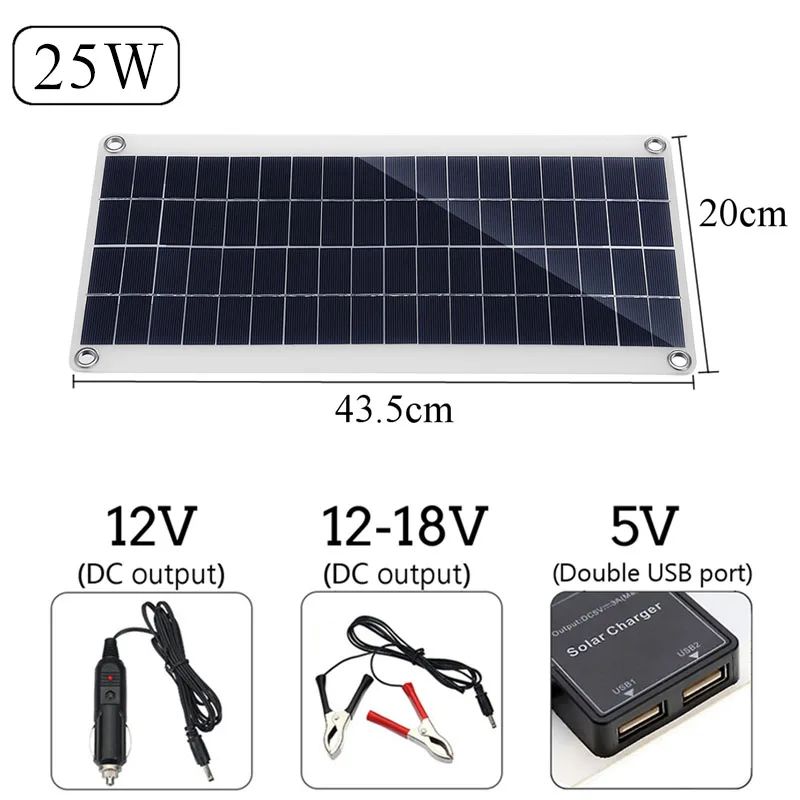 Портативная солнечная панель 25 Вт, 12 В, двойной USB внешний аккумулятор, внешний аккумулятор, зарядка от солнечной батареи, панель с крокодиловыми зажимами, автомобильное зарядное устройство
