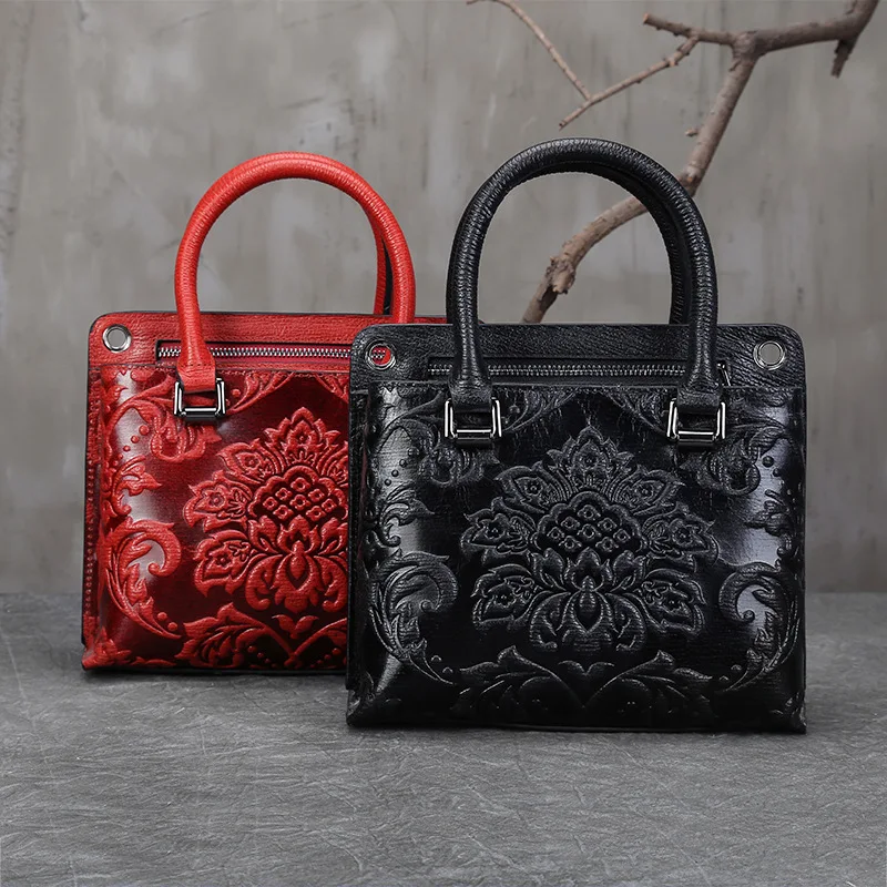 

Real Cowhide Cross Body Tote Bag Embossing Handbag Retro High Quality Shoulder Messenger Genuine Leather Women Top Handle Bag