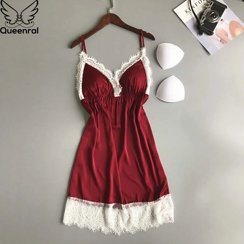 

Queenral Women Nightgown Sleepwear Sexy Lace Night Dress Lingerie Silk Satin Nightwear Nighty Home Dress Summer Sleep Lounge