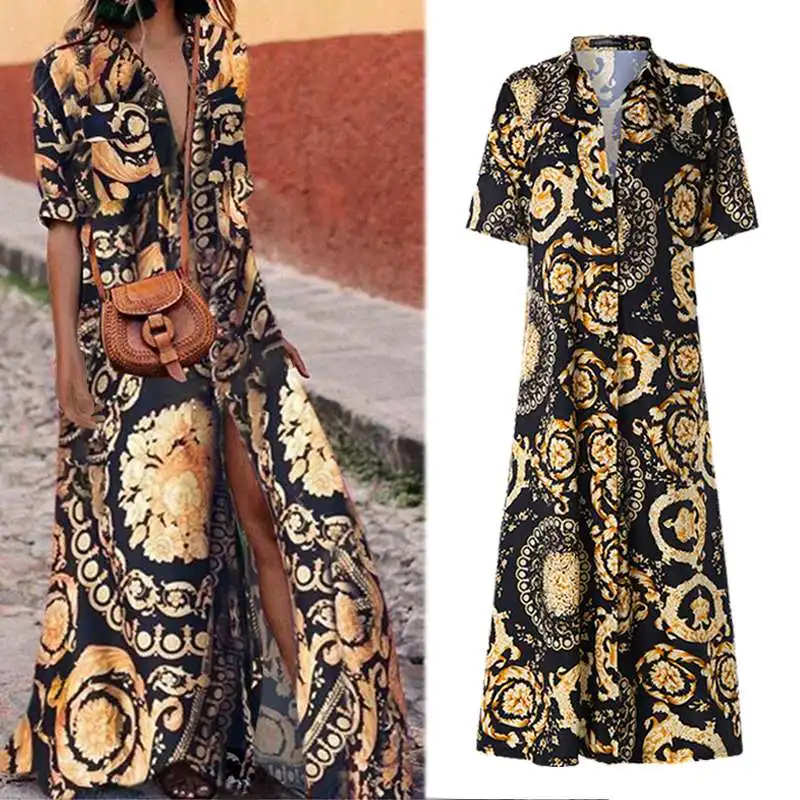 2019 زائد حجم ZANZEA فستان صيفي البوهيمي طباعة حزب قميص Vestido المرأة التلبيب كم قصير سبليت ماكسي طويل فستان الشمس فام