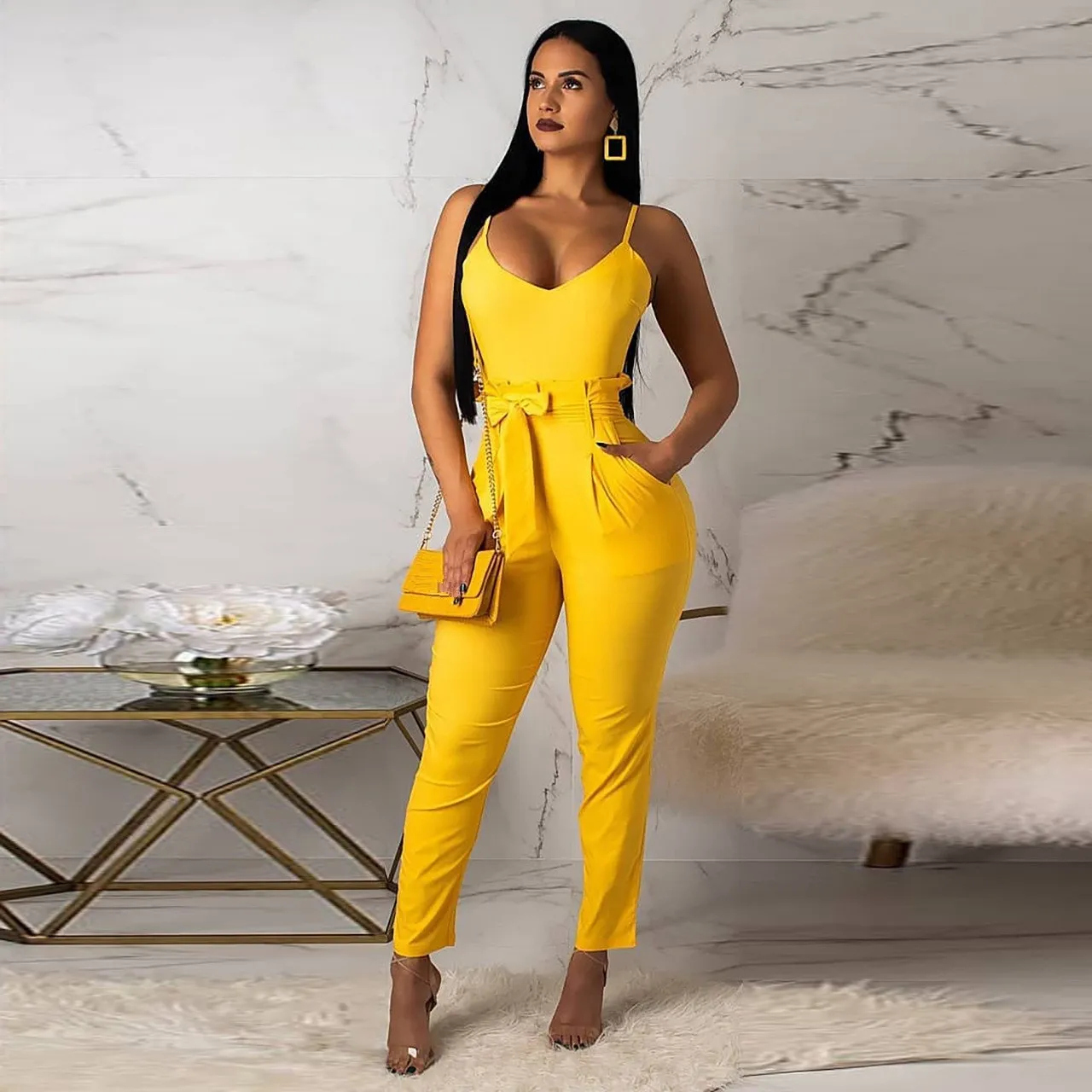 

Women Fashion Ruffle Pencil Jumpsuits Sashes 2019 Summer Deep V-Neck Spaghetti Strap Jumpsuits Solid Bodycon Casual Romper