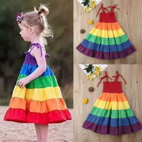 

Cool Summer Baby Girl Rainbow Dress Party Clothes Sleeveless Strap Toddler Patchwork Sundress Stylish Princess Kid Striped Dress