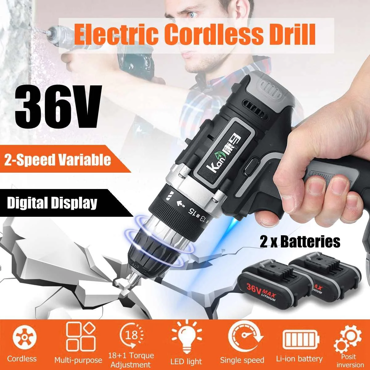 

36V Double-Speed Cordless Electric Drill with Digital display, Impact Drill screwdriver power tools with 1/2 Battery