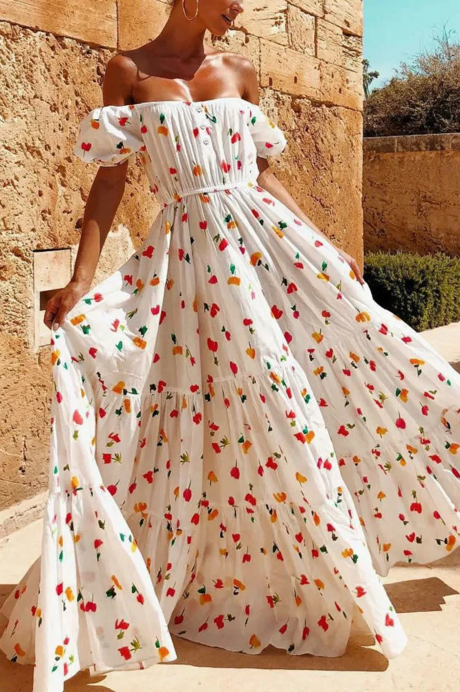 

Uguest Sexy Women Dress Short Sleeve Button Floral A-line Ankle-length Long Strapless Dress Party Summer Ladies Sweet Maxi