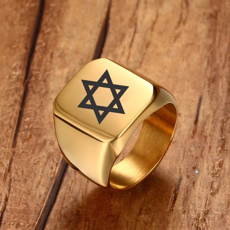 Men Pinky Signet Ring in Golden Stainless Steel with Laser Engraving Star of David Male Jewelry jewelry box organizer jewish packing box david of star jewel case packing