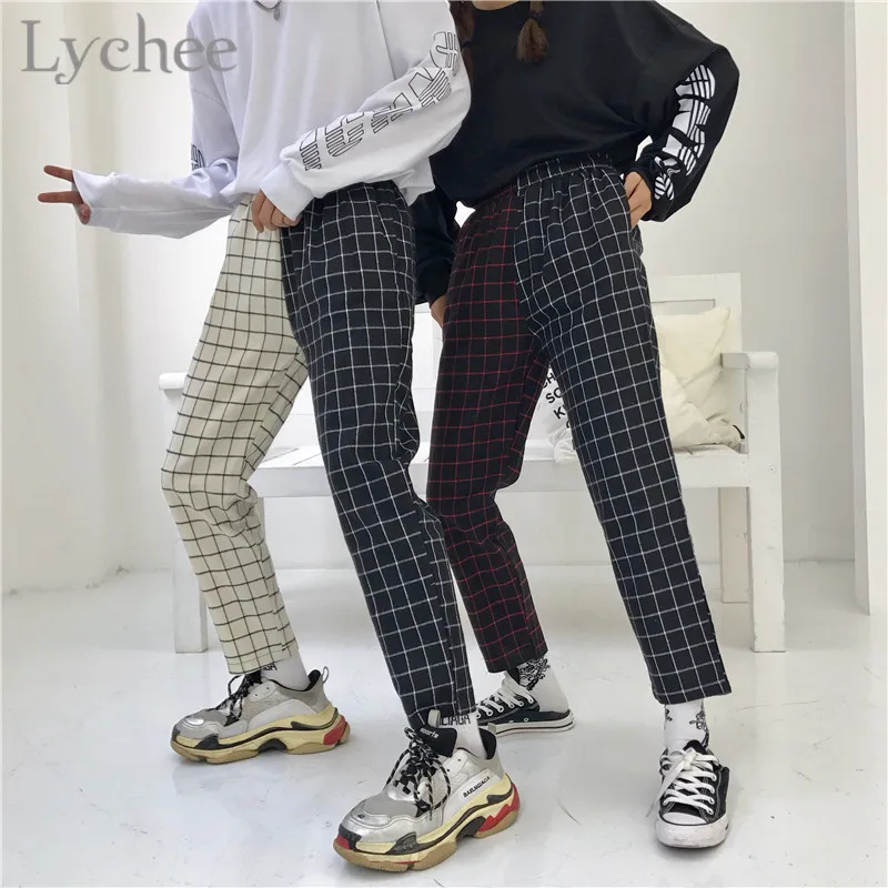 Lychee Harajuku клетчатые Лоскутные женские брюки с эластичной талией хит цвета по щиколотку штаны повседневные свободные женские штаны