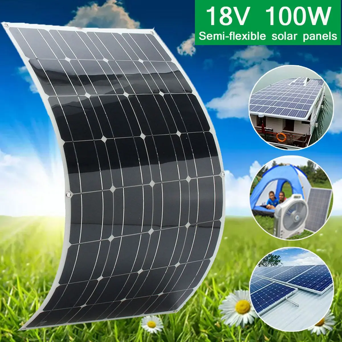 

100W 18V Mono Flexible Solar Panel Battery Charger For 12V Motorhome Boats Car