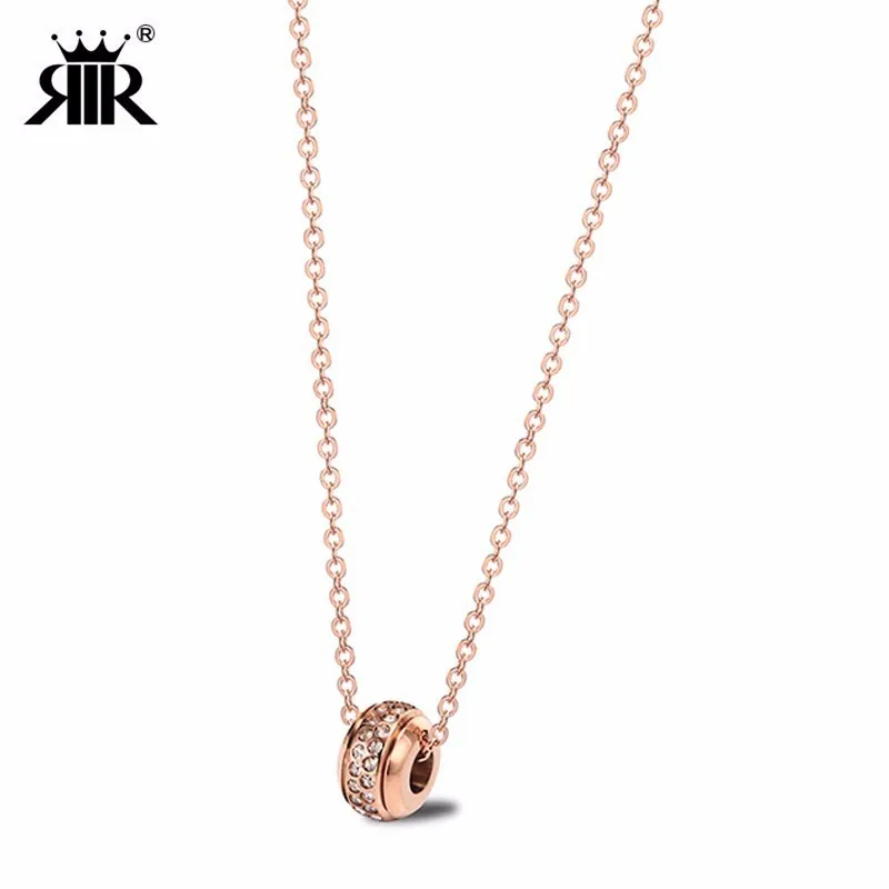 

RIR Simple Temperament Stainless Steel Round Cz Stone Necklace Titanium Rose Gold Feminine Minimalist Crystal Pendant Necklace