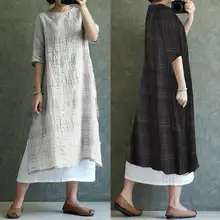 Лето, женское длинное платье-рубашка размера плюс 5XL, винтажное клетчатое льняное платье в клетку, повседневные свободные платья средней длины с рукавом три четверти