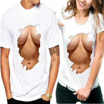 

ZACOO Men Fashion Cool 3D Chest Muscle Printing Short Sleeve T-shirt Casual Women Hip Hop T-shirts Leisure Streetwear T-shirt