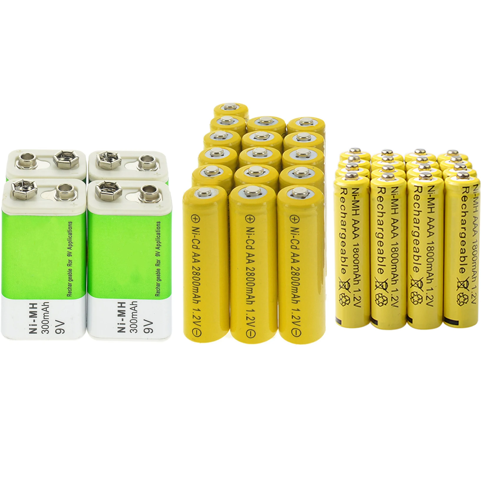 4pcs 9v 300mah 16pcs aa ni cd 2800mah 16pcs aaa ni mh 1800mah 1 2v