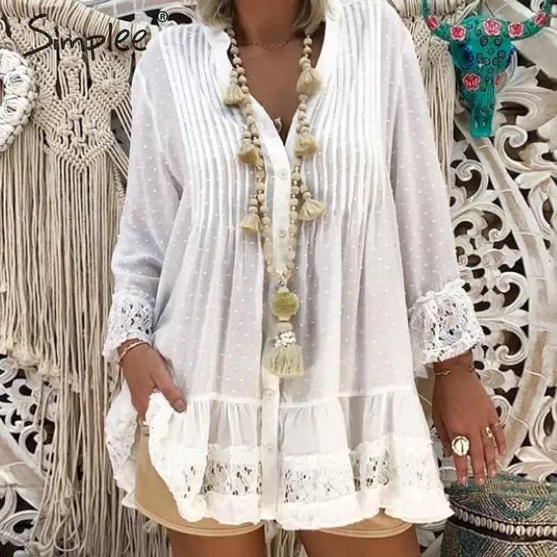 

Simplee Transparent lace embroidery women blouse shirt Long sleeve plus size female top shirt Dot print chiffon ladies tops 2019