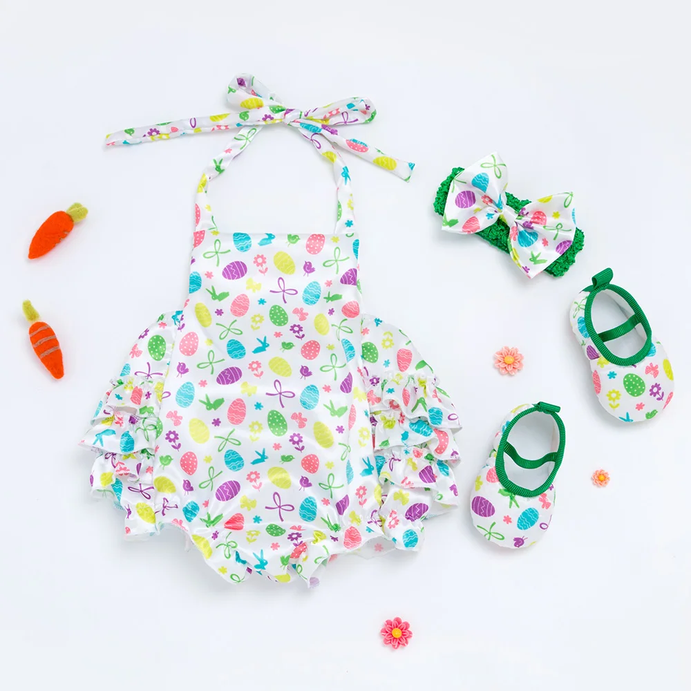 

3 pcs Baby Easter Jumpsuit Girls Backless Romper Suit with Headband Shoes Newborn Summer Clothes Infant Cartoon Pattern Pajamas
