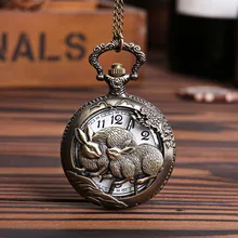Бронзовые карманные часы выдалбливают китайский зодиакальные животные кролик кварцевые карманные часы цепочка подарочные часы для мужчин/Для женщин