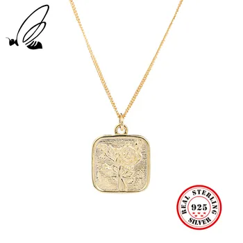 

100% 925 Sterling Silver Square Art Rose Flower Pendant Necklace Gold Temperament Elegant Female Necklace Festival Fine Jewelry