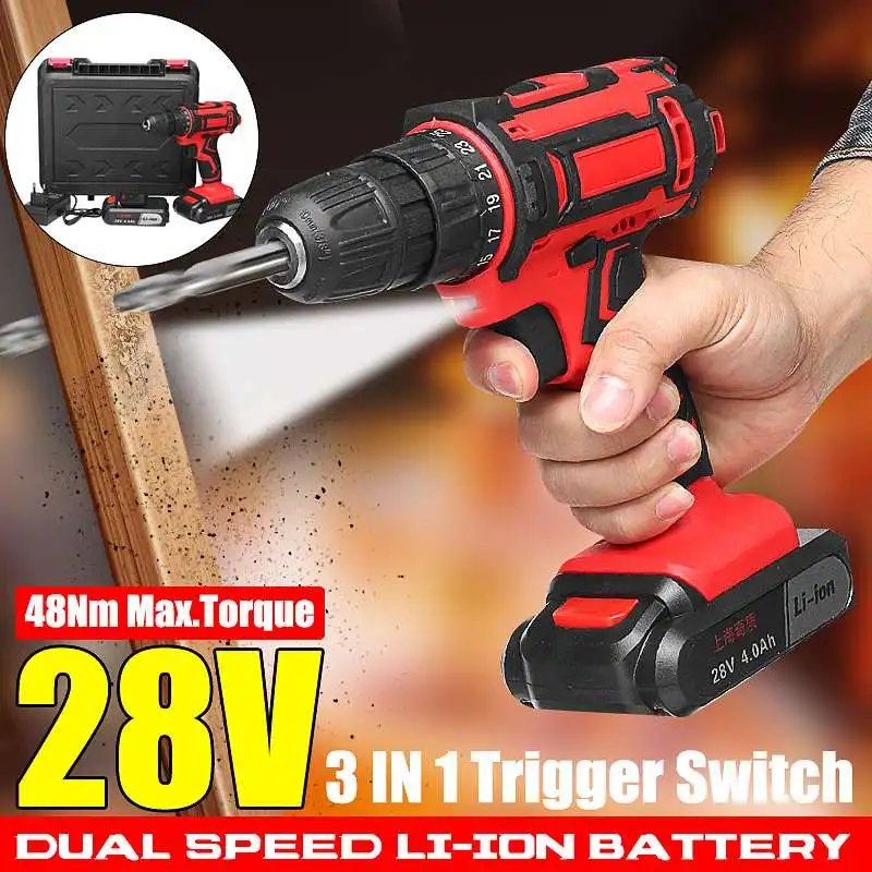 

New 28V 2-Speed Electric Screwdriver Rechargeable Cordless Drill LED Working Light 48Nm 25+1 Position Clutch Driver Power Tools