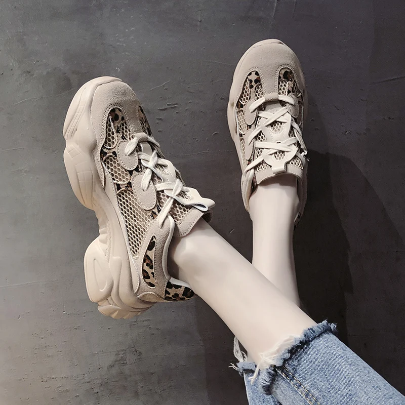 

Leopard Print Chunky sneakers Women Casual Comfort Shoes 5cm Height Increasing Lady Leisure Shoes Flat Platform Dad Shoes Woman