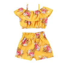  Fashion Toddler Kid Baby Girl Set Clothes Floral Ruffles Off Shoulder Tank Tops+Short Pants 2Pcs Set Clothes