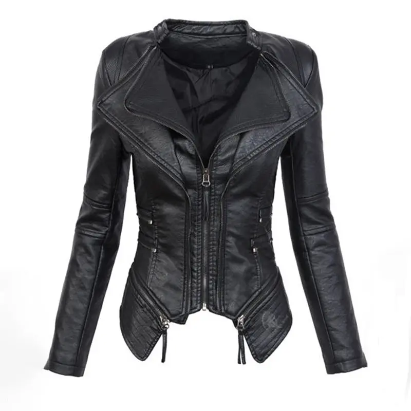 Готический искусственная кожа полиуретан куртка для женщин зима осень мода мотоциклетная черный пальто из искусственной кожи Верхняя